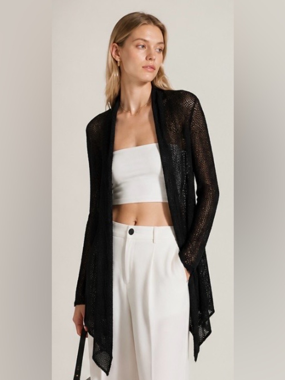 NIC & ZOE Mesh Cardigan Sweater Open Front Knit Black Boho Small